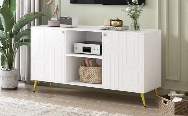 Alt view image 4 of 7 - U-Can Modern TV Stand for TVs up to 55 Inches, Entertainment Center Media Console,Adjustable Shelf, Metal Legs, Handles and Anti-tip Device for Living room