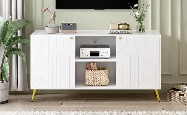 Alt view image 5 of 7 - U-Can Modern TV Stand for TVs up to 55 Inches, Entertainment Center Media Console,Adjustable Shelf, Metal Legs, Handles and Anti-tip Device for Living room