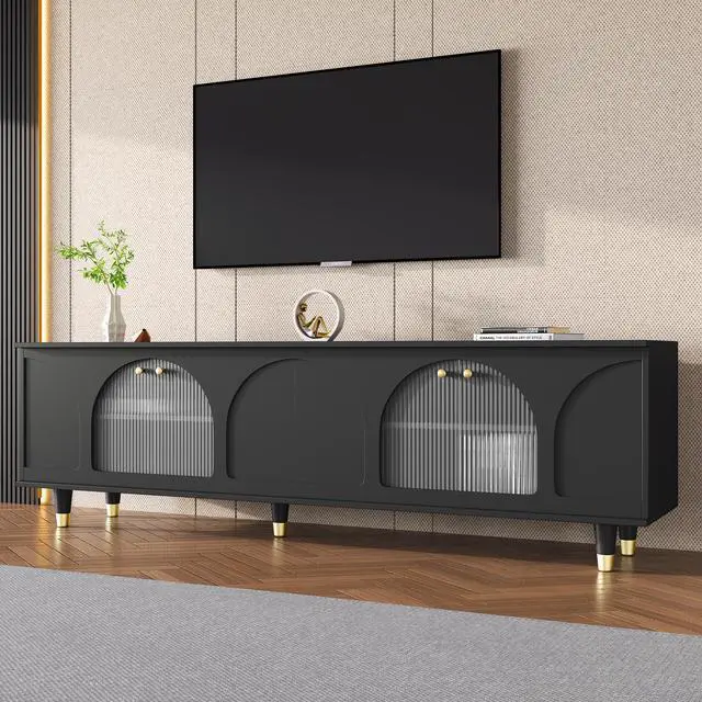 Main image of ON-TREND Contemporary TV Stand with Adjustable Shelves for TVs Up to 78'', Stylish Media Console with Gold Handles and Arch Fluted Glass Doors, Delicate Entertainment Center for Living Room, Black