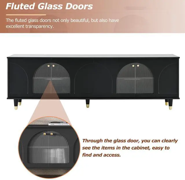 Alt view image 3 of 7 - ON-TREND Contemporary TV Stand with Adjustable Shelves for TVs Up to 78'', Stylish Media Console with Gold Handles and Arch Fluted Glass Doors, Delicate Entertainment Center for Living Room, Black