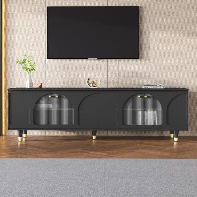 Alt view image 2 of 7 - ON-TREND Contemporary TV Stand with Adjustable Shelves for TVs Up to 78'', Stylish Media Console with Gold Handles and Arch Fluted Glass Doors, Delicate Entertainment Center for Living Room, Black