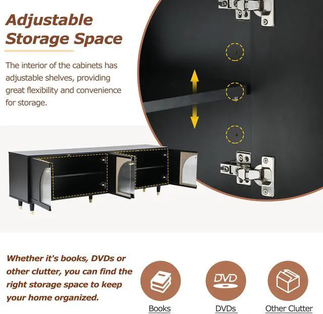 Alt view image 4 of 7 - ON-TREND Contemporary TV Stand with Adjustable Shelves for TVs Up to 78'', Stylish Media Console with Gold Handles and Arch Fluted Glass Doors, Delicate Entertainment Center for Living Room, Black