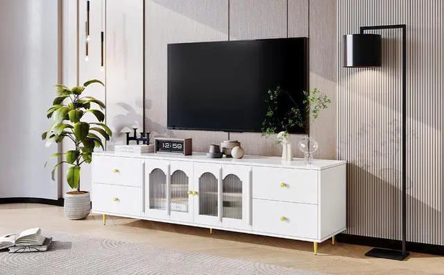 Alt view image 4 of 7 - U-Can 70.9'' Modern TV Stand for TVs up to 75 Inches, Entertainment Center with Glass Door, 4 Drawers and 2 Cabinets, Five Metal Legs and Metal Handles for Living room