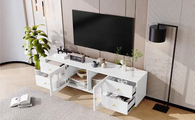Alt view image 5 of 7 - U-Can 70.9'' Modern TV Stand for TVs up to 75 Inches, Entertainment Center with Glass Door, 4 Drawers and 2 Cabinets, Five Metal Legs and Metal Handles for Living room