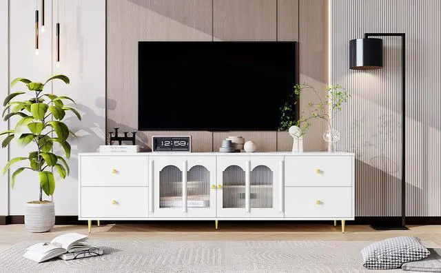 Alt view image 6 of 7 - U-Can 70.9'' Modern TV Stand for TVs up to 75 Inches, Entertainment Center with Glass Door, 4 Drawers and 2 Cabinets, Five Metal Legs and Metal Handles for Living room