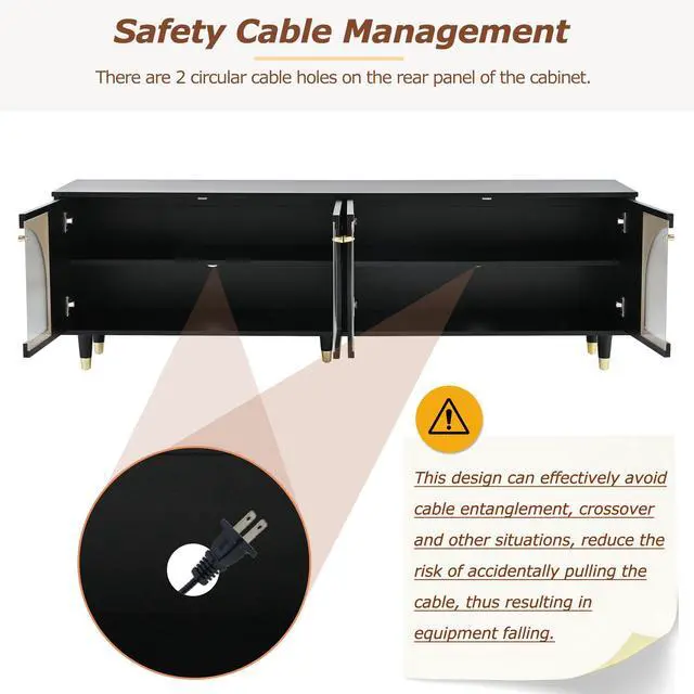 Alt view image 5 of 7 - ON-TREND Contemporary TV Stand with Adjustable Shelves for TVs Up to 78'', Stylish Media Console with Gold Handles and Arch Fluted Glass Doors, Delicate Entertainment Center for Living Room, Black