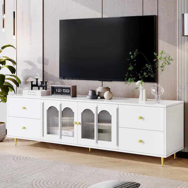 Alt view image 2 of 7 - U-Can 70.9'' Modern TV Stand for TVs up to 75 Inches, Entertainment Center with Glass Door, 4 Drawers and 2 Cabinets, Five Metal Legs and Metal Handles for Living room