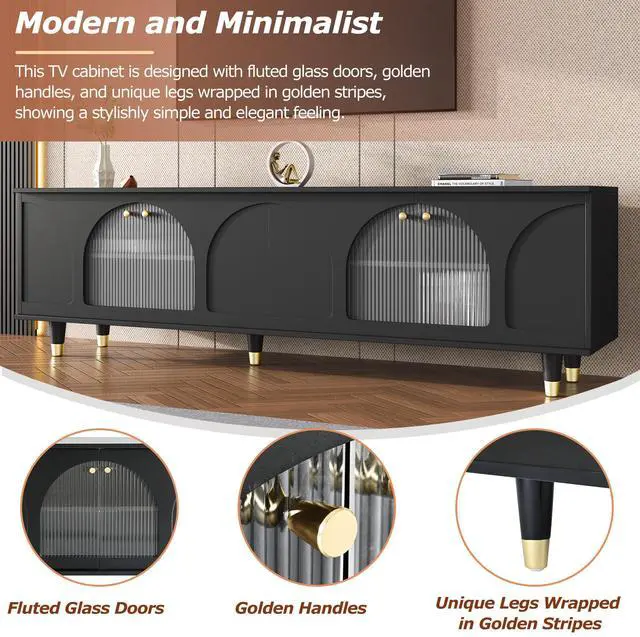 Alt view image 6 of 7 - ON-TREND Contemporary TV Stand with Adjustable Shelves for TVs Up to 78'', Stylish Media Console with Gold Handles and Arch Fluted Glass Doors, Delicate Entertainment Center for Living Room, Black