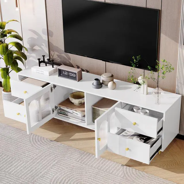 Alt view image 3 of 7 - U-Can 70.9'' Modern TV Stand for TVs up to 75 Inches, Entertainment Center with Glass Door, 4 Drawers and 2 Cabinets, Five Metal Legs and Metal Handles for Living room