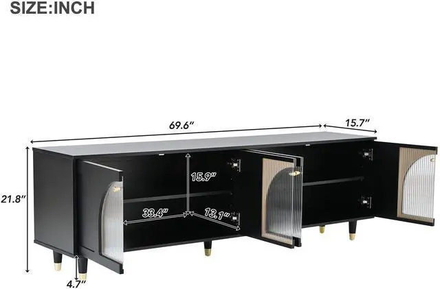 Alt view image 7 of 7 - ON-TREND Contemporary TV Stand with Adjustable Shelves for TVs Up to 78'', Stylish Media Console with Gold Handles and Arch Fluted Glass Doors, Delicate Entertainment Center for Living Room, Black