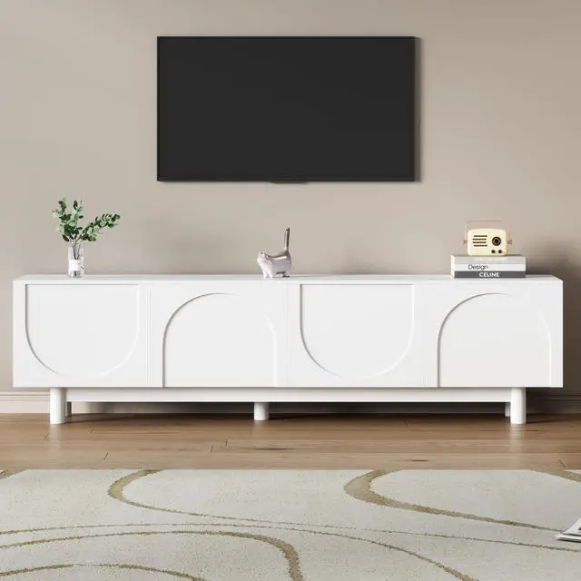 Alt view image 2 of 7 - ON-TREND Graceful TV Stand with Arch Cabinets for TVs Up to 78'', Minimalist Entertainment Center with Solid Wood Legs, Practical Media Console with Adjustable Shelves for Living Room, White