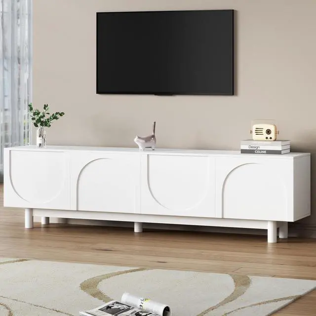 Main image of ON-TREND Graceful TV Stand with Arch Cabinets for TVs Up to 78'', Minimalist Entertainment Center with Solid Wood Legs, Practical Media Console with Adjustable Shelves for Living Room, White