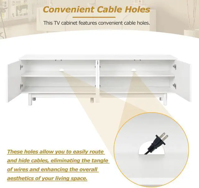 Alt view image 5 of 7 - ON-TREND Graceful TV Stand with Arch Cabinets for TVs Up to 78'', Minimalist Entertainment Center with Solid Wood Legs, Practical Media Console with Adjustable Shelves for Living Room, White