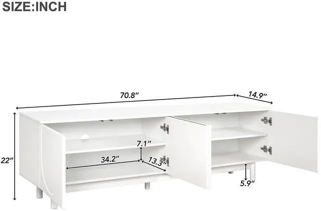 Alt view image 7 of 7 - ON-TREND Graceful TV Stand with Arch Cabinets for TVs Up to 78'', Minimalist Entertainment Center with Solid Wood Legs, Practical Media Console with Adjustable Shelves for Living Room, White