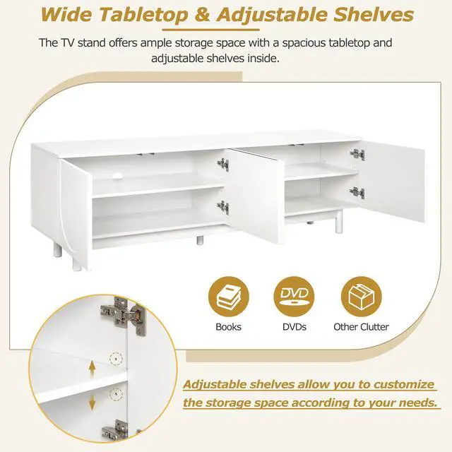 Alt view image 3 of 7 - ON-TREND Graceful TV Stand with Arch Cabinets for TVs Up to 78'', Minimalist Entertainment Center with Solid Wood Legs, Practical Media Console with Adjustable Shelves for Living Room, White