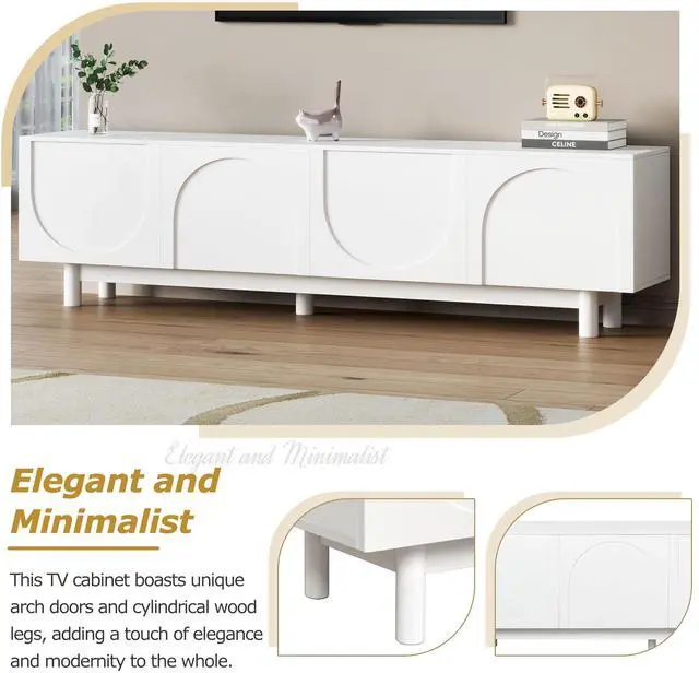 Alt view image 4 of 7 - ON-TREND Graceful TV Stand with Arch Cabinets for TVs Up to 78'', Minimalist Entertainment Center with Solid Wood Legs, Practical Media Console with Adjustable Shelves for Living Room, White