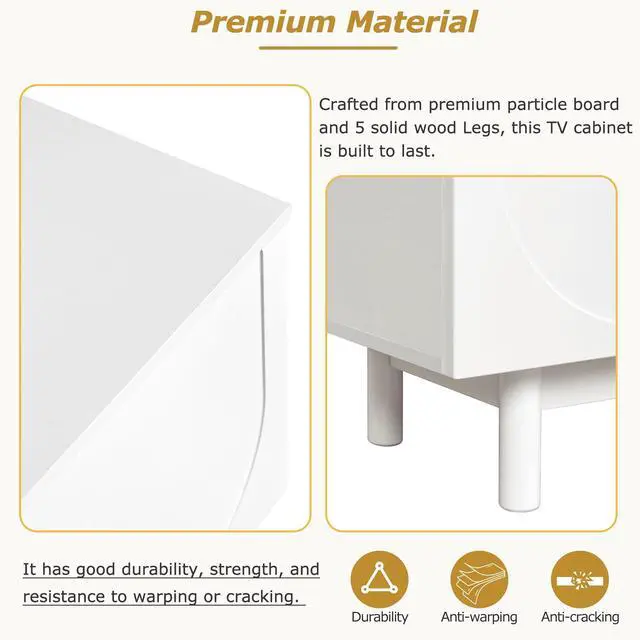 Alt view image 6 of 7 - ON-TREND Graceful TV Stand with Arch Cabinets for TVs Up to 78'', Minimalist Entertainment Center with Solid Wood Legs, Practical Media Console with Adjustable Shelves for Living Room, White