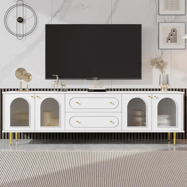 Alt view image 2 of 7 - U-Can 78.7'' Modern TV Stand, TV Cabinet with Five Metal Legs and Metal Handles, 2 Drawers and 2 Cabinets with Fluted Glass Doors For Living room, Up to 80''