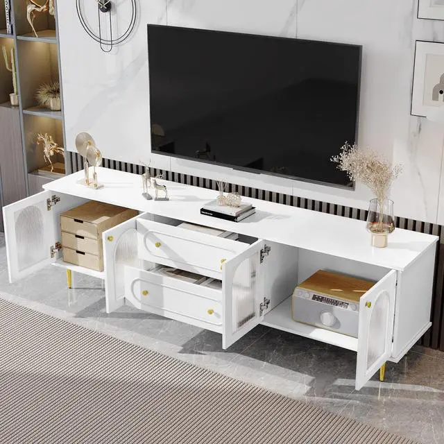 Alt view image 3 of 7 - U-Can 78.7'' Modern TV Stand, TV Cabinet with Five Metal Legs and Metal Handles, 2 Drawers and 2 Cabinets with Fluted Glass Doors For Living room, Up to 80''