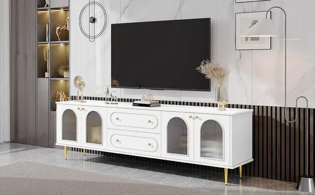 Alt view image 5 of 7 - U-Can 78.7'' Modern TV Stand, TV Cabinet with Five Metal Legs and Metal Handles, 2 Drawers and 2 Cabinets with Fluted Glass Doors For Living room, Up to 80''