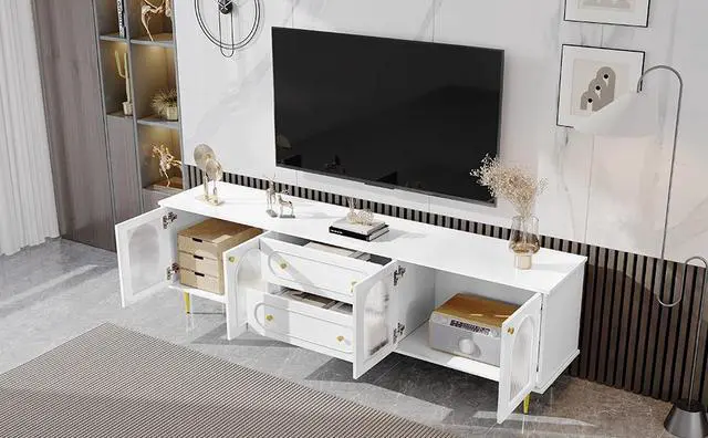 Alt view image 6 of 7 - U-Can 78.7'' Modern TV Stand, TV Cabinet with Five Metal Legs and Metal Handles, 2 Drawers and 2 Cabinets with Fluted Glass Doors For Living room, Up to 80''