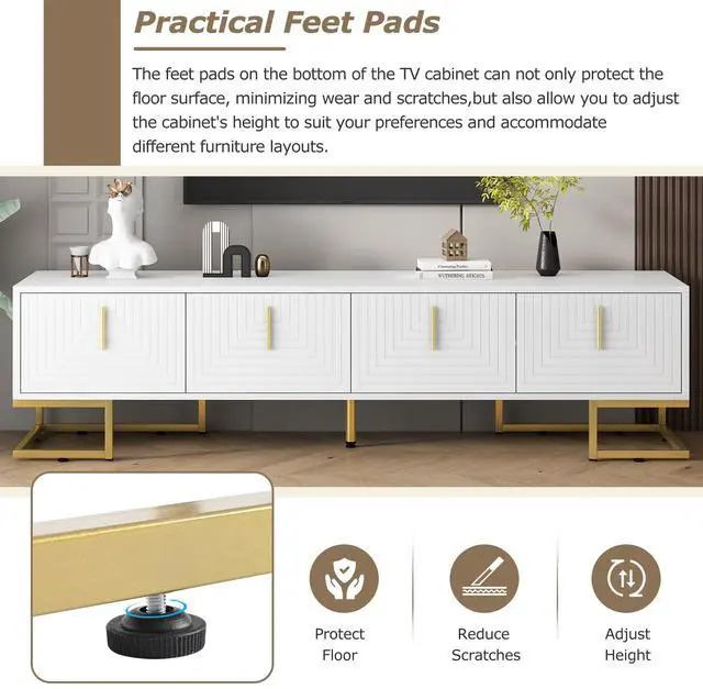 Alt view image 3 of 6 - ON-TREND Modern TV Stand with Metal Legs and Gold Handles for TVs Up to 80'', Media Console Table with Cabinets and Adjustable Shelves, Luxury TV Cabinet with Geometric Lines for Living Room, White