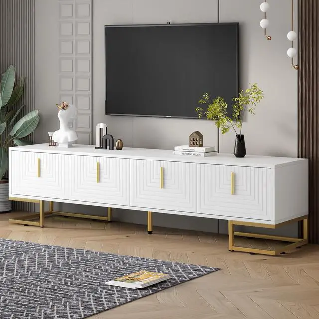 Main image of ON-TREND Modern TV Stand with Metal Legs and Gold Handles for TVs Up to 80'', Media Console Table with Cabinets and Adjustable Shelves, Luxury TV Cabinet with Geometric Lines for Living Room, White