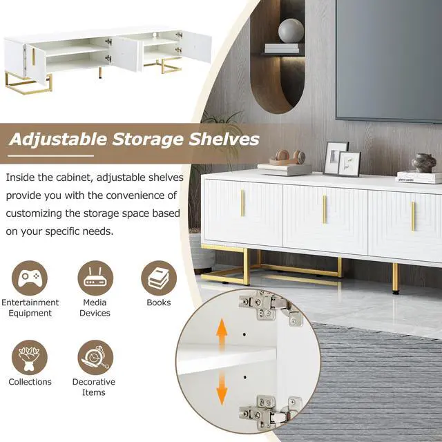 Alt view image 4 of 6 - ON-TREND Modern TV Stand with Metal Legs and Gold Handles for TVs Up to 80'', Media Console Table with Cabinets and Adjustable Shelves, Luxury TV Cabinet with Geometric Lines for Living Room, White