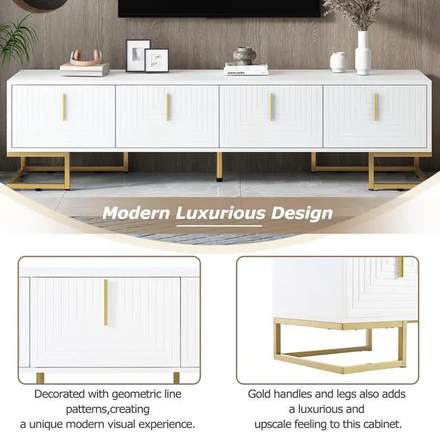 Alt view image 5 of 6 - ON-TREND Modern TV Stand with Metal Legs and Gold Handles for TVs Up to 80'', Media Console Table with Cabinets and Adjustable Shelves, Luxury TV Cabinet with Geometric Lines for Living Room, White