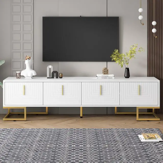 Alt view image 2 of 6 - ON-TREND Modern TV Stand with Metal Legs and Gold Handles for TVs Up to 80'', Media Console Table with Cabinets and Adjustable Shelves, Luxury TV Cabinet with Geometric Lines for Living Room, White