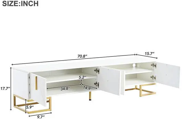 Alt view image 6 of 6 - ON-TREND Modern TV Stand with Metal Legs and Gold Handles for TVs Up to 80'', Media Console Table with Cabinets and Adjustable Shelves, Luxury TV Cabinet with Geometric Lines for Living Room, White