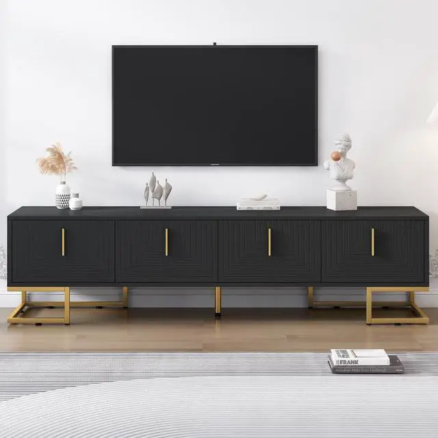 Alt view image 2 of 7 - ON-TREND Modern TV Stand with Metal Legs and Gold Handles for TVs Up to 80'', Media Console Table with Cabinets and Adjustable Shelves, Luxury TV Cabinet with Geometric Lines for Living Room, Black