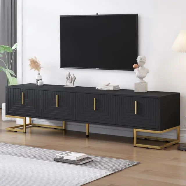 Main image of ON-TREND Modern TV Stand with Metal Legs and Gold Handles for TVs Up to 80'', Media Console Table with Cabinets and Adjustable Shelves, Luxury TV Cabinet with Geometric Lines for Living Room, Black