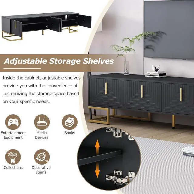 Alt view image 4 of 7 - ON-TREND Modern TV Stand with Metal Legs and Gold Handles for TVs Up to 80'', Media Console Table with Cabinets and Adjustable Shelves, Luxury TV Cabinet with Geometric Lines for Living Room, Black