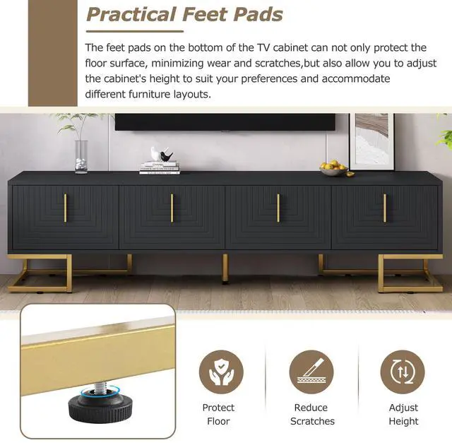 Alt view image 3 of 7 - ON-TREND Modern TV Stand with Metal Legs and Gold Handles for TVs Up to 80'', Media Console Table with Cabinets and Adjustable Shelves, Luxury TV Cabinet with Geometric Lines for Living Room, Black