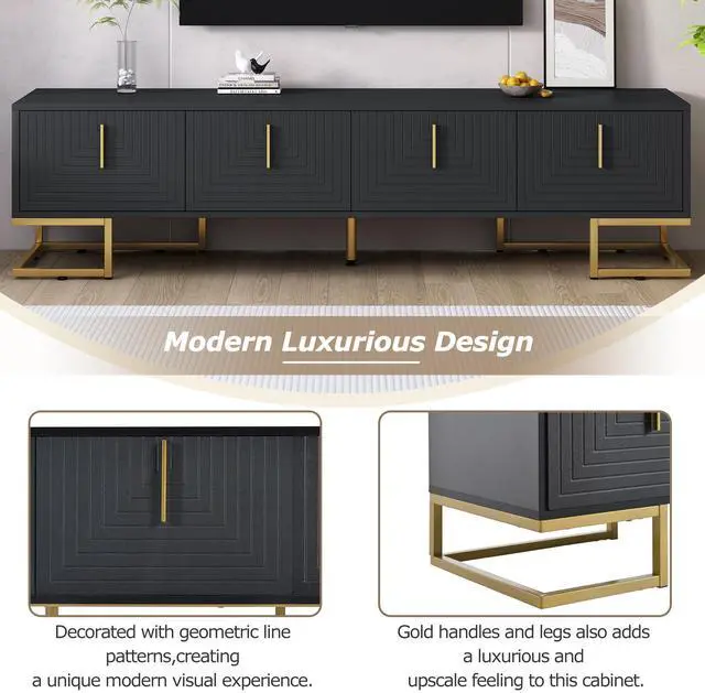 Alt view image 5 of 7 - ON-TREND Modern TV Stand with Metal Legs and Gold Handles for TVs Up to 80'', Media Console Table with Cabinets and Adjustable Shelves, Luxury TV Cabinet with Geometric Lines for Living Room, Black