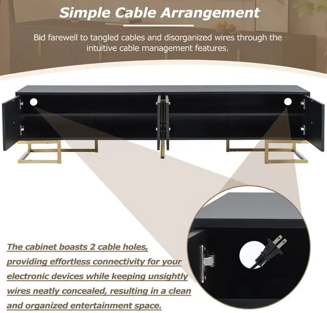 Alt view image 6 of 7 - ON-TREND Modern TV Stand with Metal Legs and Gold Handles for TVs Up to 80'', Media Console Table with Cabinets and Adjustable Shelves, Luxury TV Cabinet with Geometric Lines for Living Room, Black