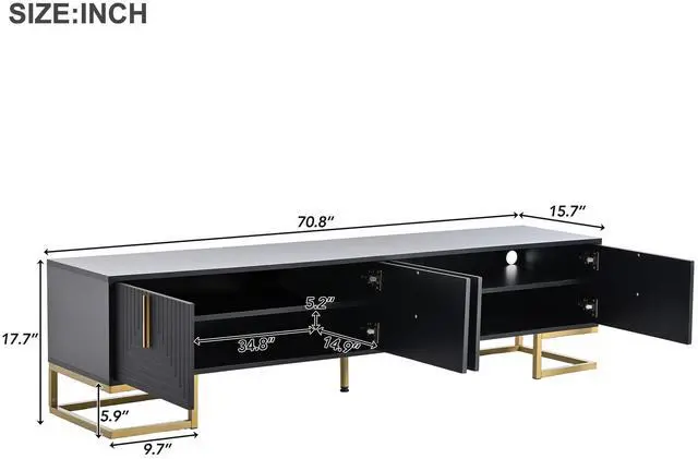 Alt view image 7 of 7 - ON-TREND Modern TV Stand with Metal Legs and Gold Handles for TVs Up to 80'', Media Console Table with Cabinets and Adjustable Shelves, Luxury TV Cabinet with Geometric Lines for Living Room, Black