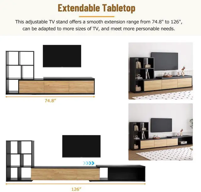 Alt view image 4 of 7 - ON-TREND 74.8''-126'' Extendable TV Stand with 3 Tier Bookshelves for TVs up to 110'', Adjustable Entertainment Center with Storage Cabinets, Sliding Tabletop Media Console for Living Room, Black