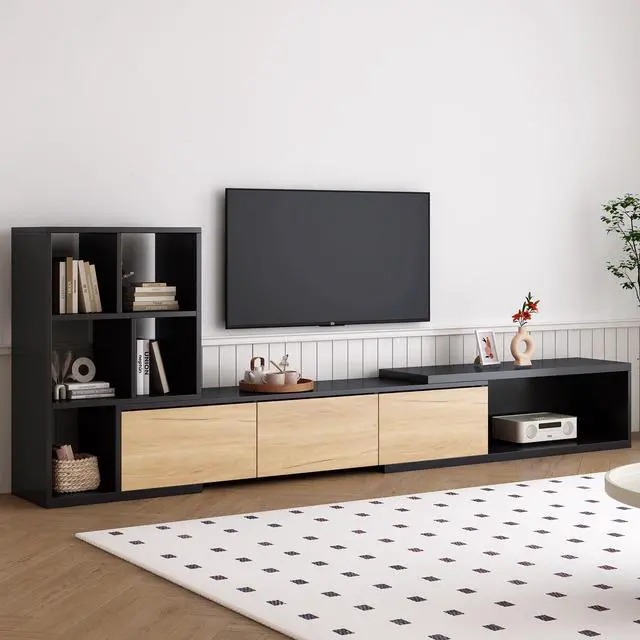 Main image of ON-TREND 74.8''-126'' Extendable TV Stand with 3 Tier Bookshelves for TVs up to 110'', Adjustable Entertainment Center with Storage Cabinets, Sliding Tabletop Media Console for Living Room, Black