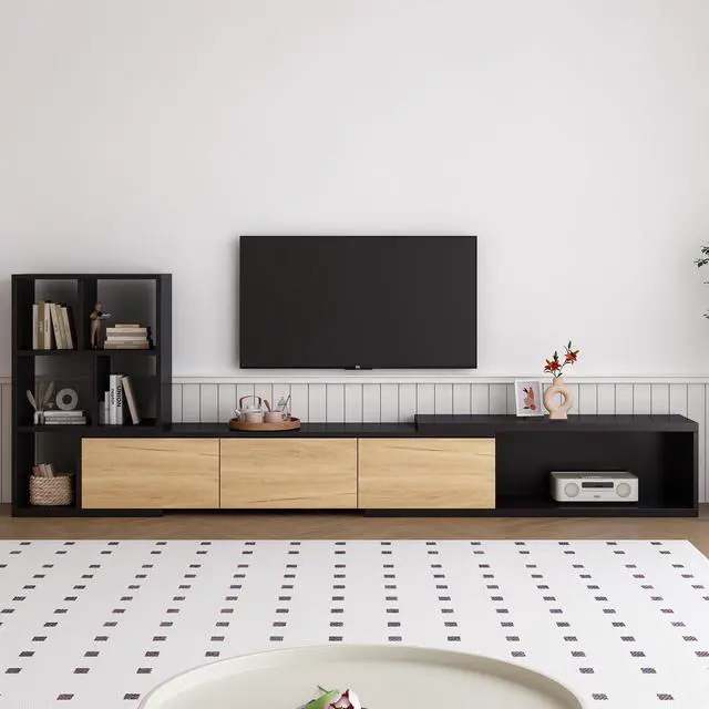 Alt view image 2 of 7 - ON-TREND 74.8''-126'' Extendable TV Stand with 3 Tier Bookshelves for TVs up to 110'', Adjustable Entertainment Center with Storage Cabinets, Sliding Tabletop Media Console for Living Room, Black