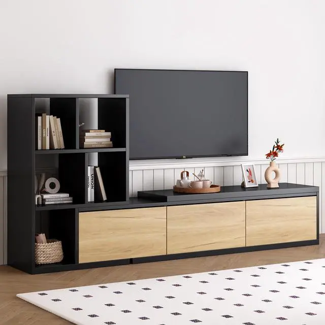Alt view image 3 of 7 - ON-TREND 74.8''-126'' Extendable TV Stand with 3 Tier Bookshelves for TVs up to 110'', Adjustable Entertainment Center with Storage Cabinets, Sliding Tabletop Media Console for Living Room, Black