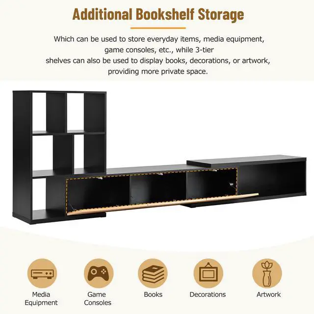 Alt view image 6 of 7 - ON-TREND 74.8''-126'' Extendable TV Stand with 3 Tier Bookshelves for TVs up to 110'', Adjustable Entertainment Center with Storage Cabinets, Sliding Tabletop Media Console for Living Room, Black