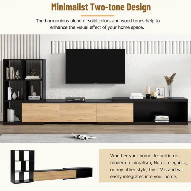 Alt view image 5 of 7 - ON-TREND 74.8''-126'' Extendable TV Stand with 3 Tier Bookshelves for TVs up to 110'', Adjustable Entertainment Center with Storage Cabinets, Sliding Tabletop Media Console for Living Room, Black
