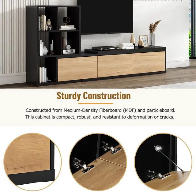 Alt view image 7 of 7 - ON-TREND 74.8''-126'' Extendable TV Stand with 3 Tier Bookshelves for TVs up to 110'', Adjustable Entertainment Center with Storage Cabinets, Sliding Tabletop Media Console for Living Room, Black