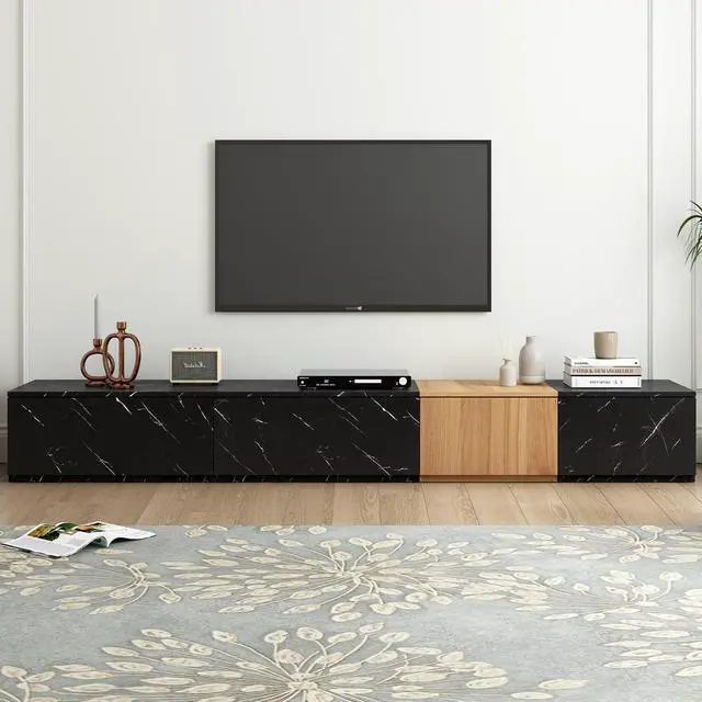 Alt view image 2 of 7 - ON-TREND TV Stand with Faux Marble and Walnut Wood Grain Finish for TVs up to 88'', Modern Free-Combination Entertainment Center with 4 Storage Drawers for Living Room, Black