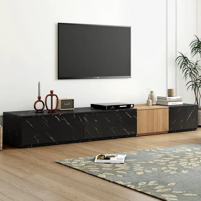 Main image of ON-TREND TV Stand with Faux Marble and Walnut Wood Grain Finish for TVs up to 88'', Modern Free-Combination Entertainment Center with 4 Storage Drawers for Living Room, Black