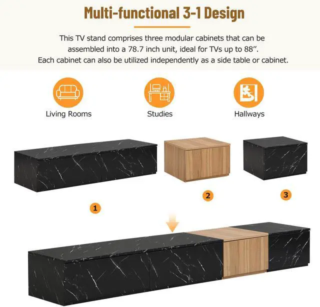 Alt view image 3 of 7 - ON-TREND TV Stand with Faux Marble and Walnut Wood Grain Finish for TVs up to 88'', Modern Free-Combination Entertainment Center with 4 Storage Drawers for Living Room, Black