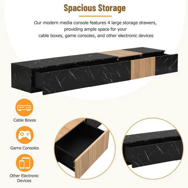 Alt view image 5 of 7 - ON-TREND TV Stand with Faux Marble and Walnut Wood Grain Finish for TVs up to 88'', Modern Free-Combination Entertainment Center with 4 Storage Drawers for Living Room, Black