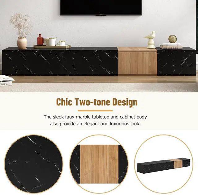 Alt view image 4 of 7 - ON-TREND TV Stand with Faux Marble and Walnut Wood Grain Finish for TVs up to 88'', Modern Free-Combination Entertainment Center with 4 Storage Drawers for Living Room, Black